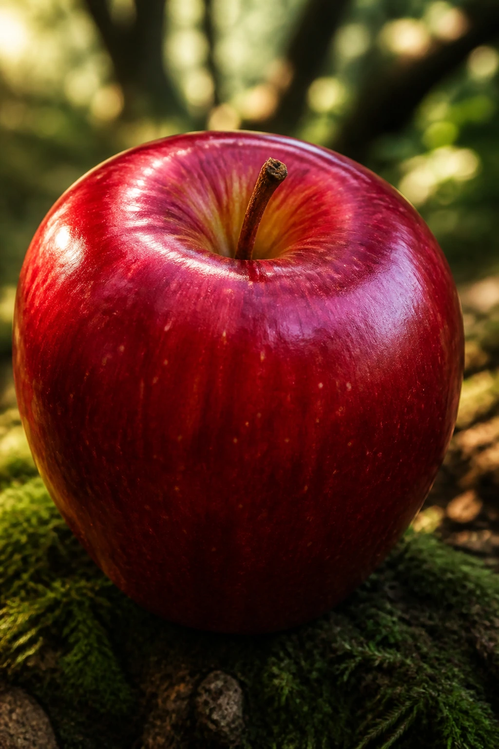 Close-up of a glossy red apple in a forest setting evoking German fairy tales