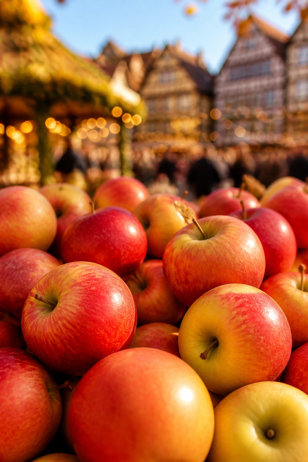 Cluster of apples in an autumn market with festive mood.