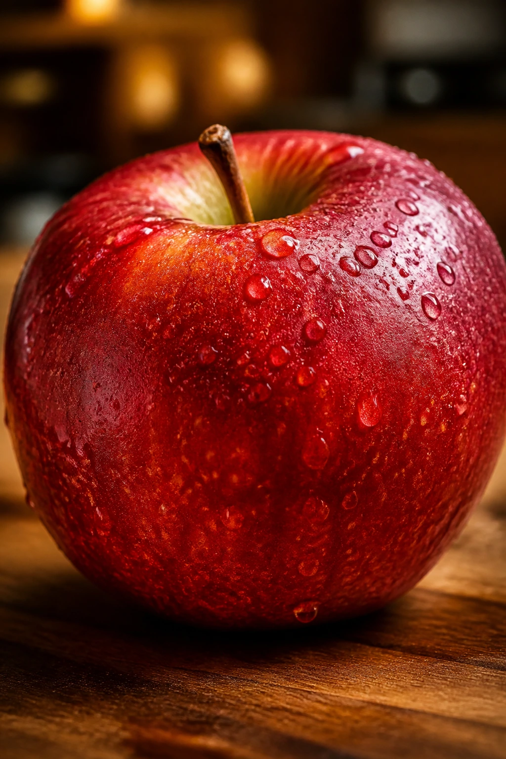 Close-up of a single red apple on a wooden surface