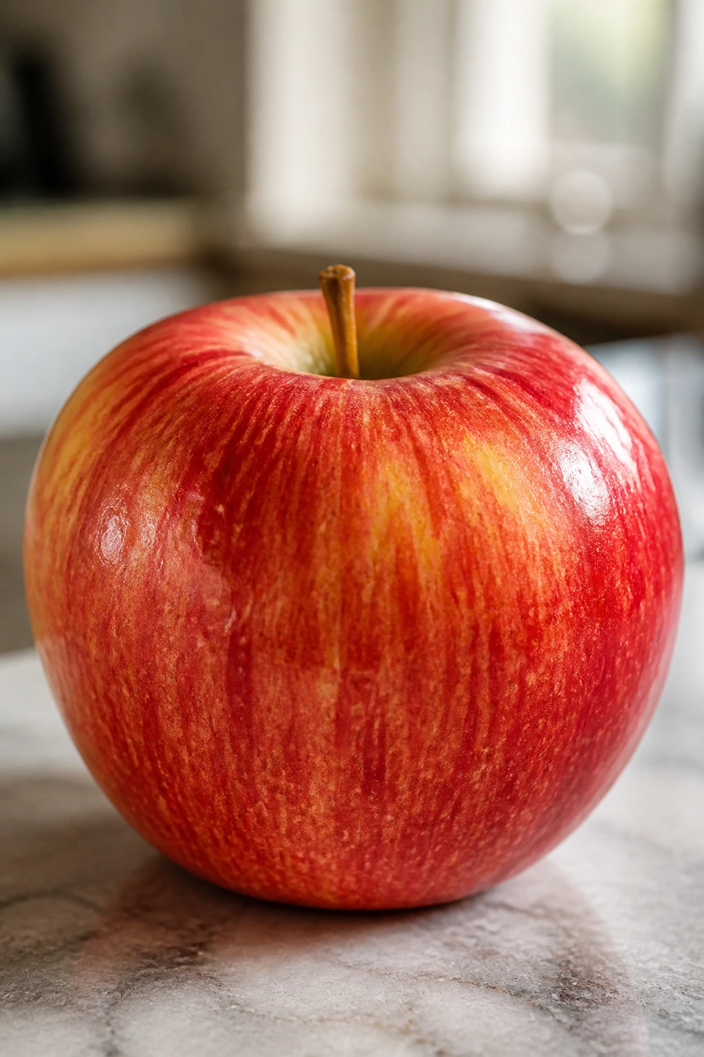 Digestive Relief: Is Apple Good For Diarrhea And Vomiting? 2 Close-up of a glossy red apple filling the frame in a warm kitchen