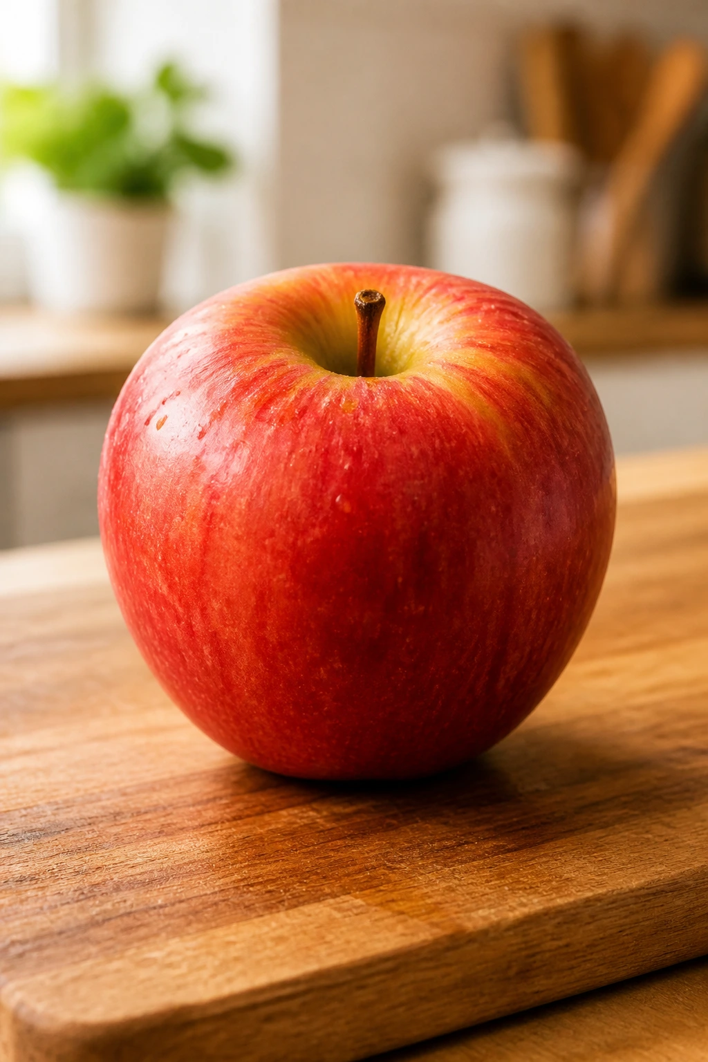 Fresh apple on cutting board in a cozy kitchen