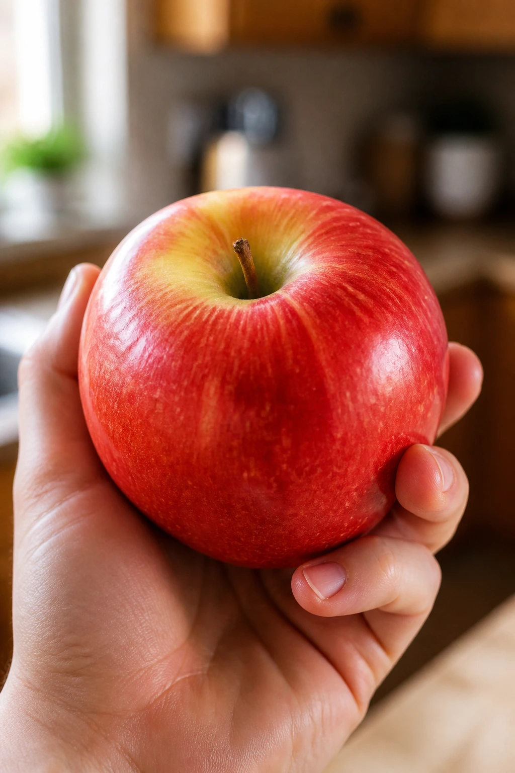Digestive Relief: Is Apple Good For Diarrhea And Vomiting? 3 Hand holding a bright apple close-up in a warm kitchen