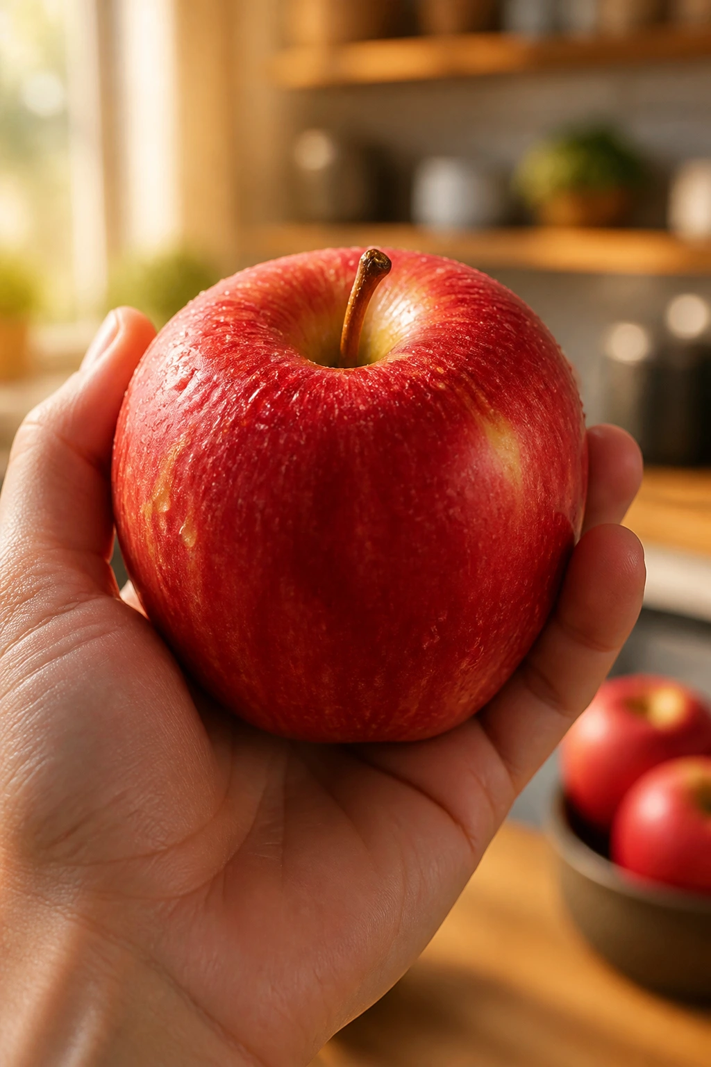 Close-up of a red apple held in a hand in a cozy kitchen, apples and headaches theme