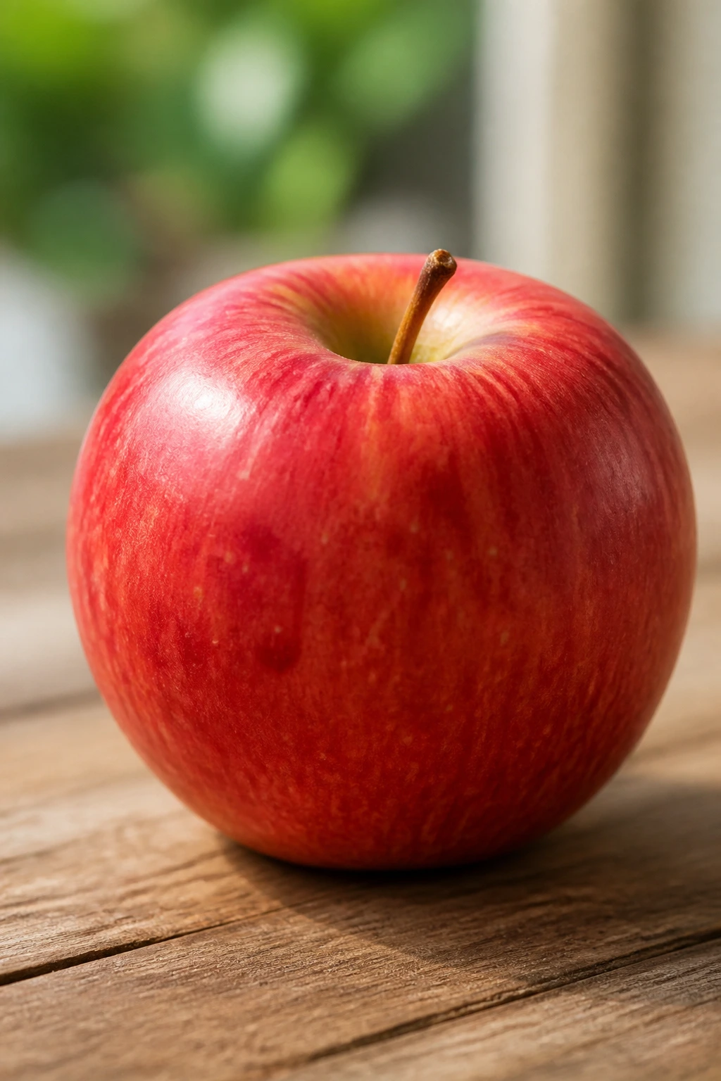 Single red apple on a wooden table in daylight