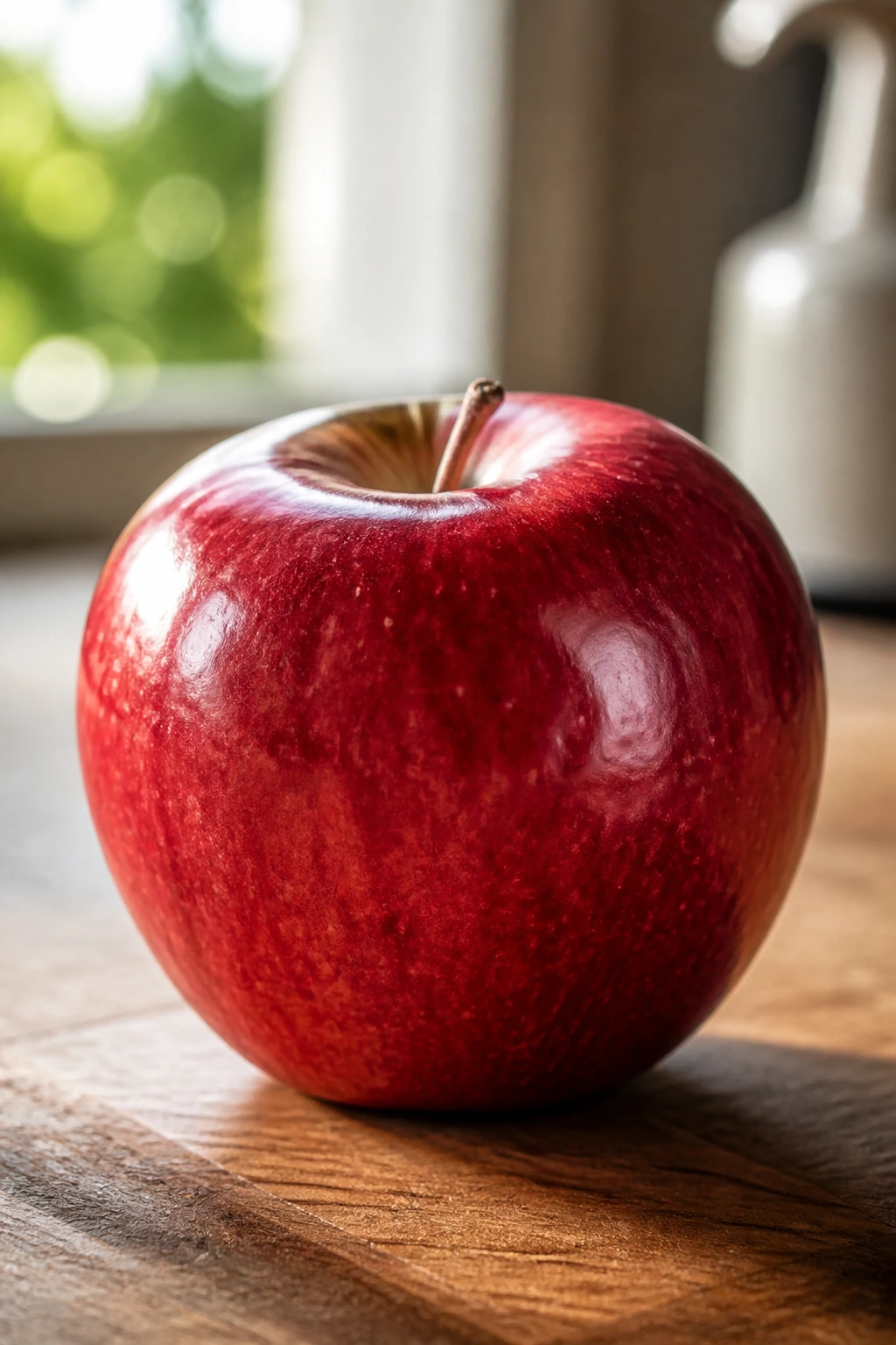 Glossy red apple on wooden surface with soft kitchen lighting