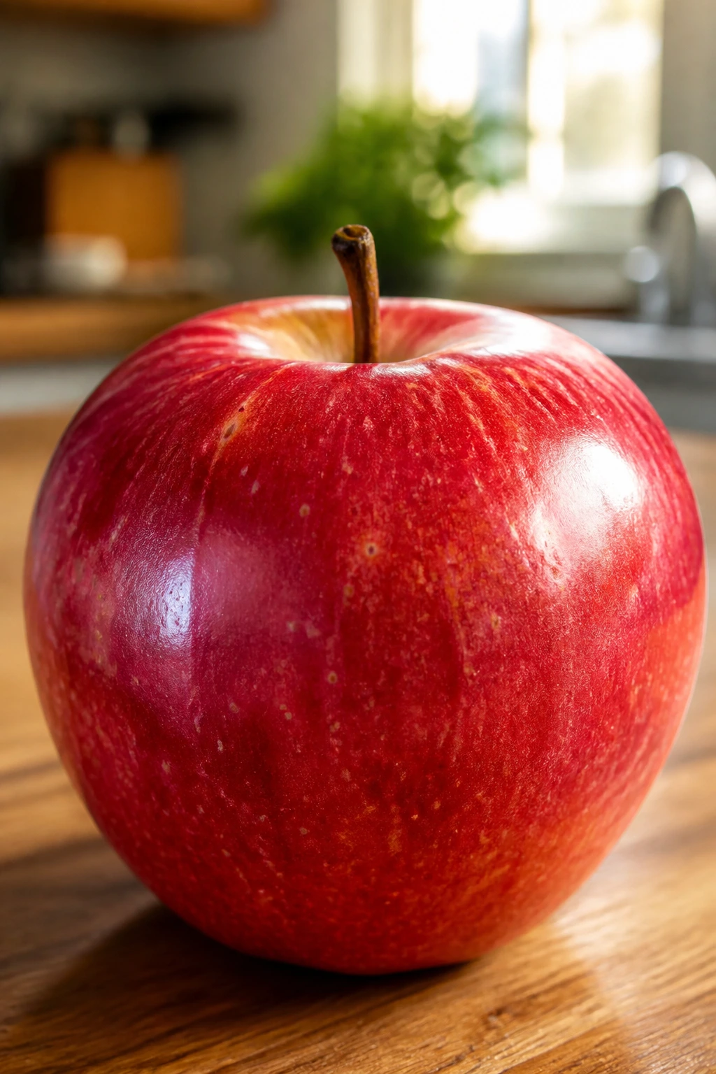 Close-up of a ripe red apple in kitchen light