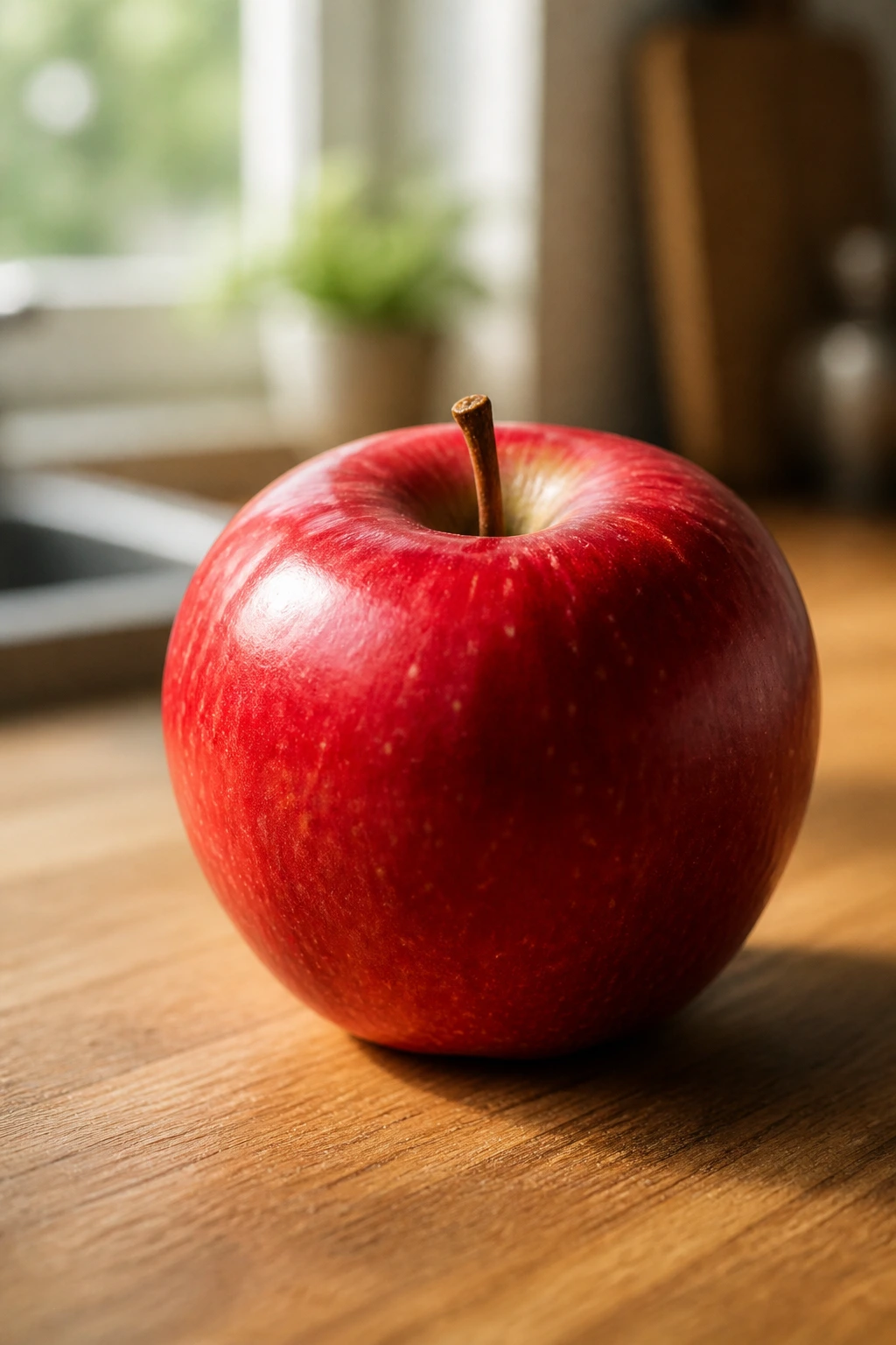 Close-up of a red apple on a warm kitchen counter in bright light