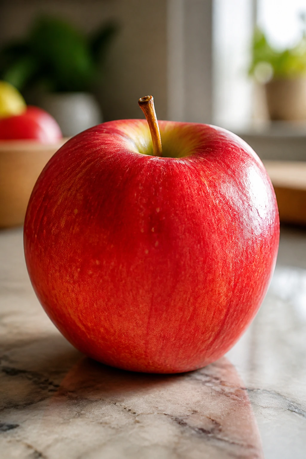Single apple on a kitchen counter, summarizing apple benefits.