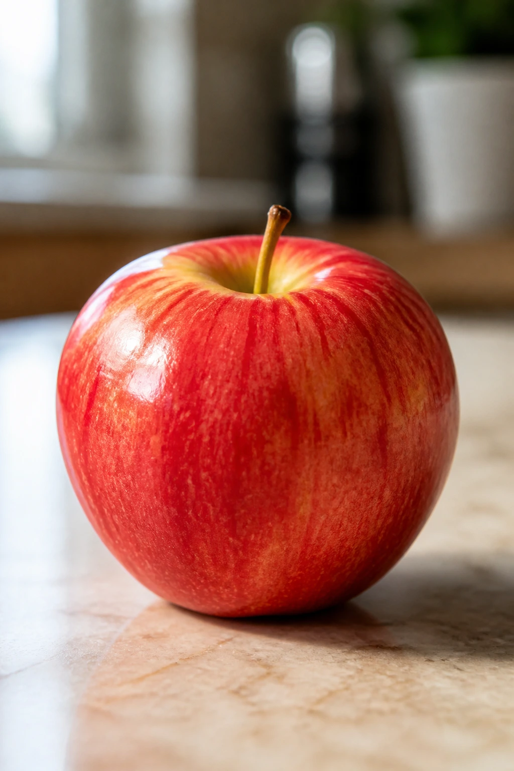 Close-up of a ripe apple on a kitchen counter