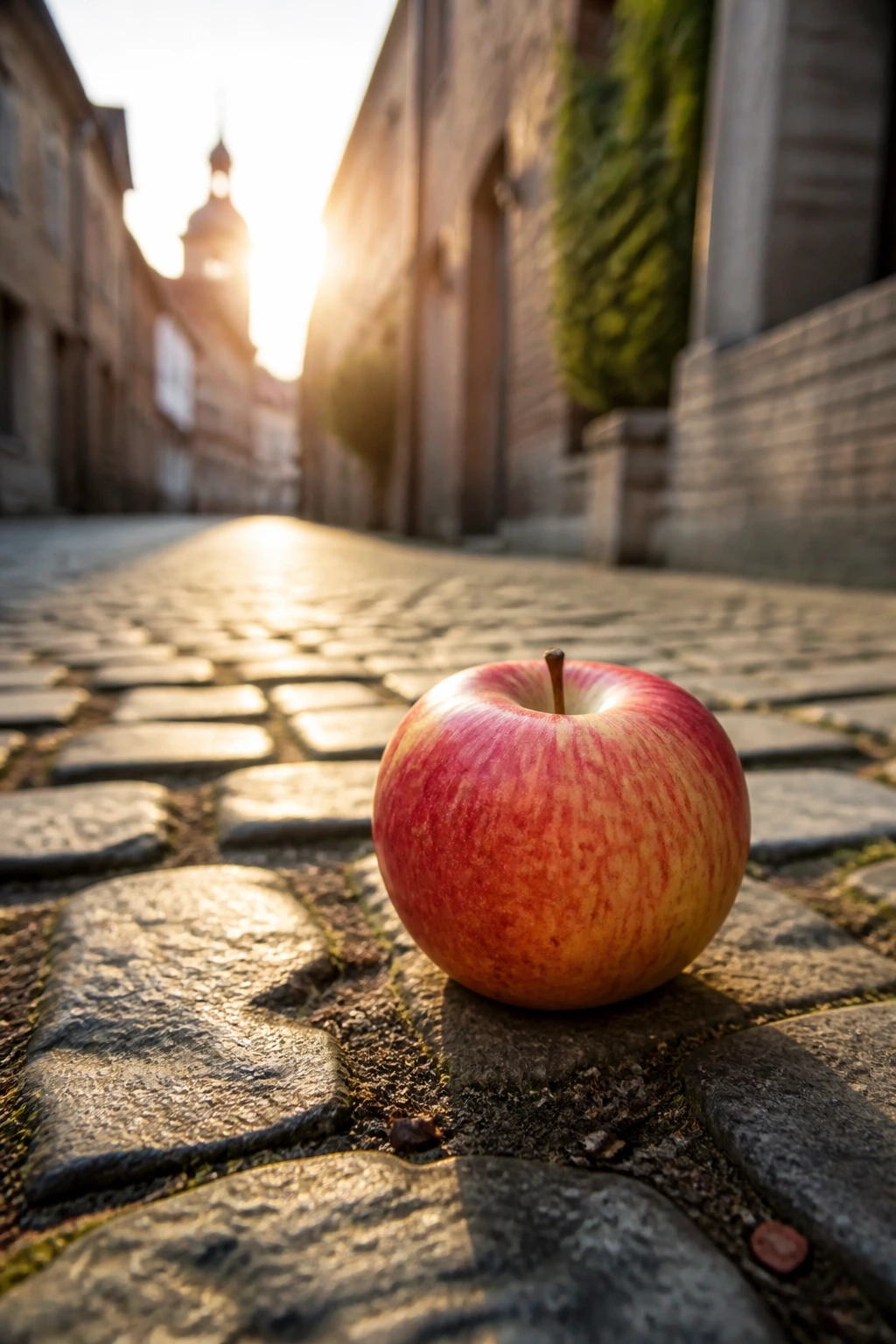 Single apple on a cobblestone street with warm light, evokes Belgian history