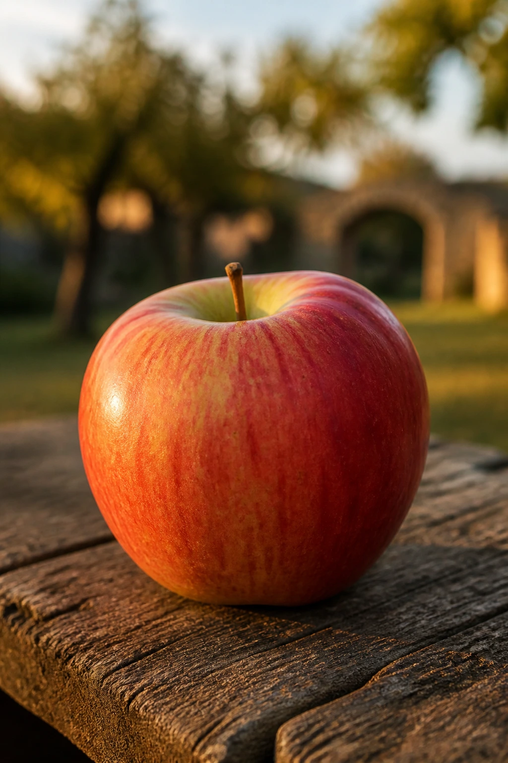 Apple on weathered wood with soft background evoking historical farming