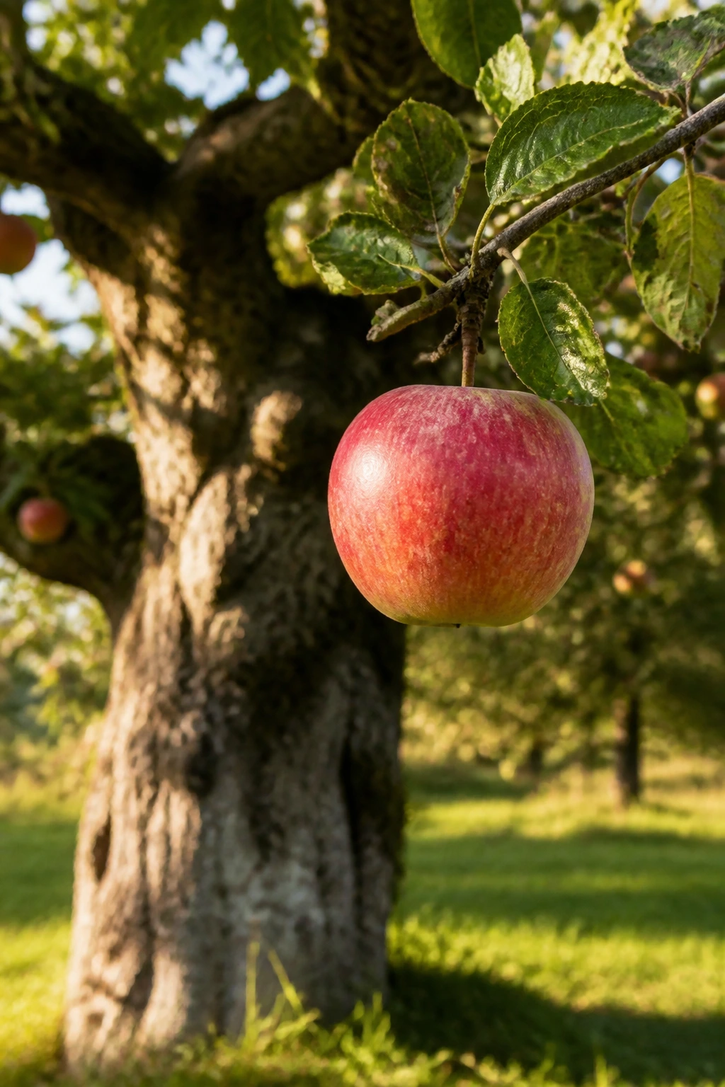 Close-up of an ancient apple hanging from a gnarled tree in an English orchard