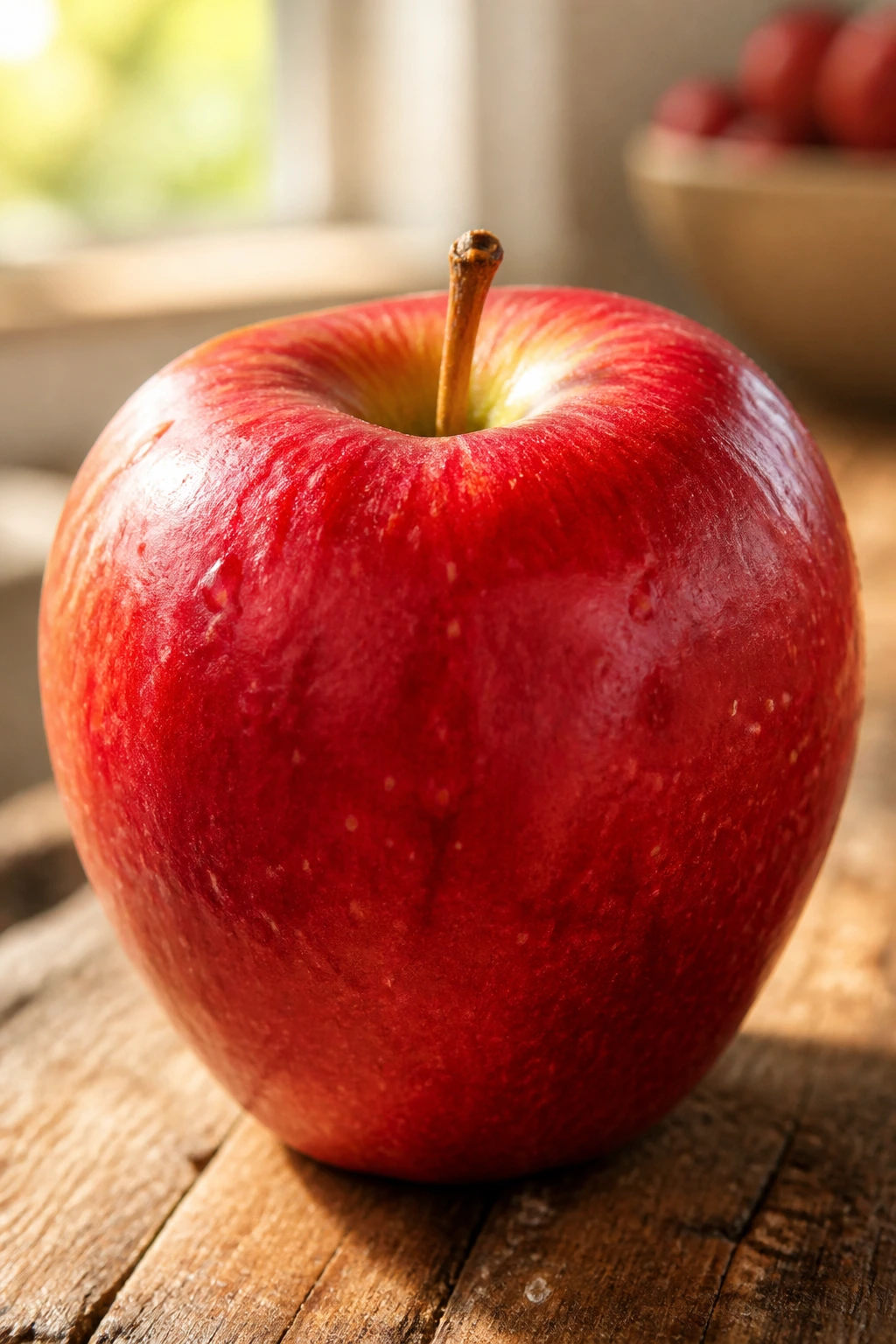 Close-up apple symbolizing hope and fresh starts in a warm kitchen.
