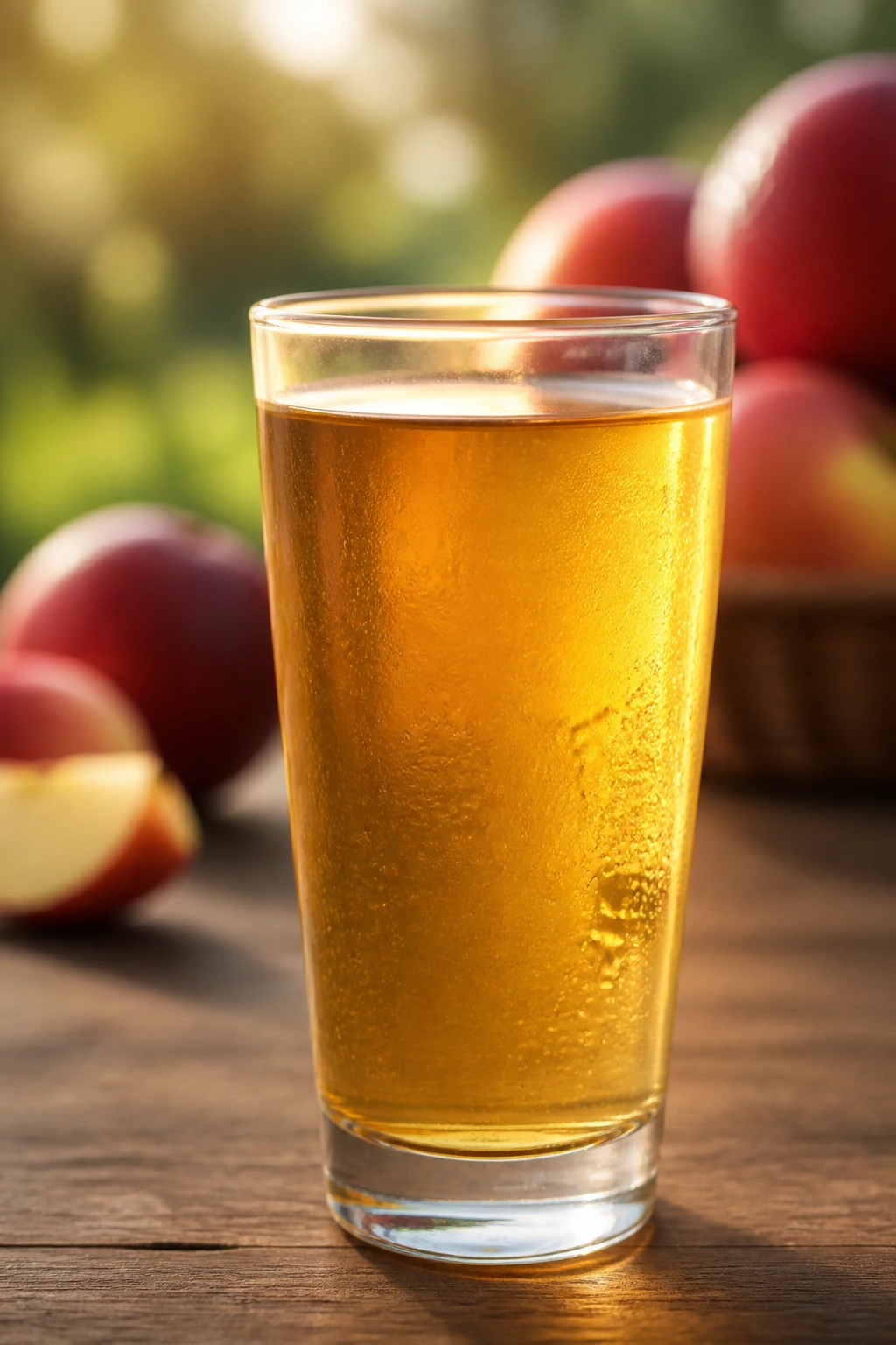 Glowing glass of apple juice with blurred apples in the background