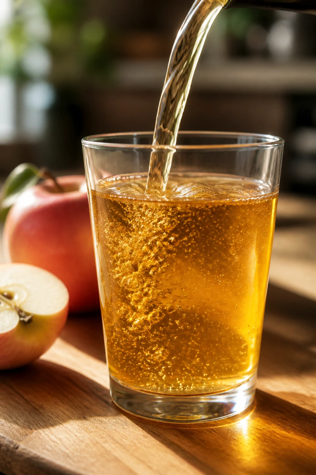 Glass of fresh apple juice on a wooden kitchen counter with warm lighting