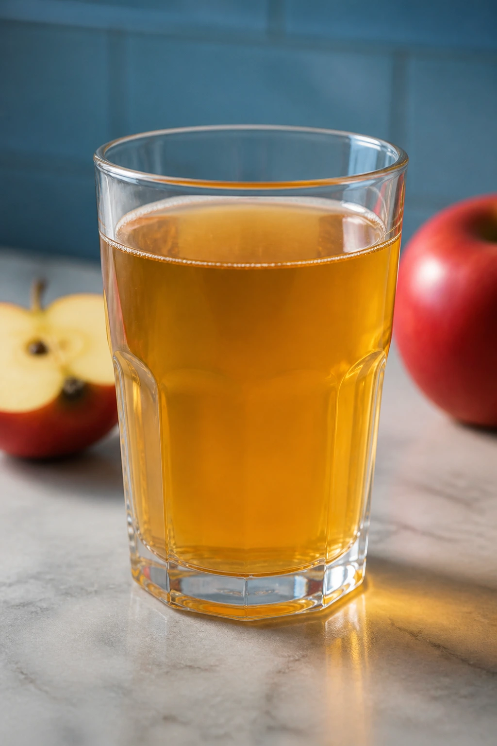 Glass of apple juice on a counter with subdued lighting