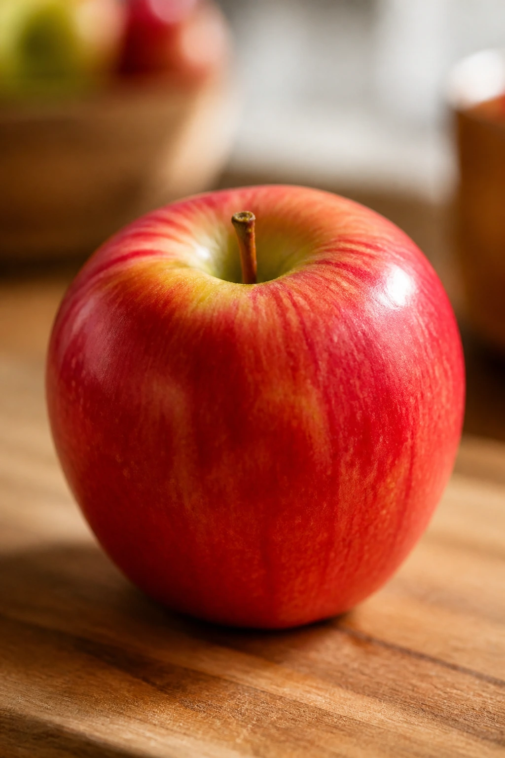 Close-up of a shiny red apple on a wooden surface with soft lighting