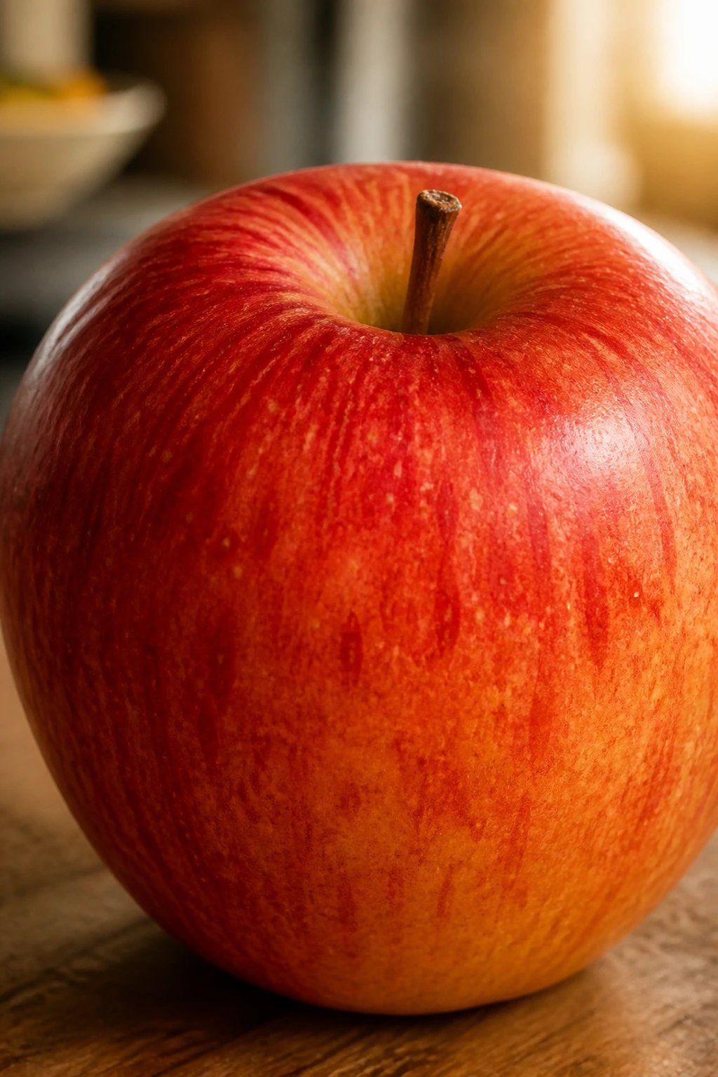 Close-up of a crisp apple on a warm kitchen counter