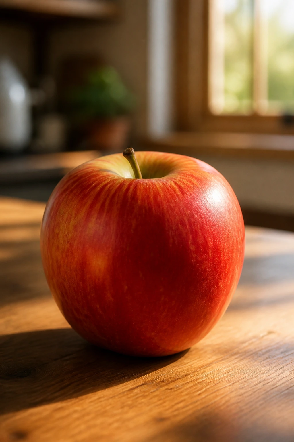 Single apple on kitchen counter with warm light