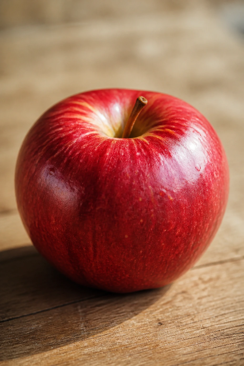 Single glossy apple on a wooden surface, symbolizing apples supporting liver health.