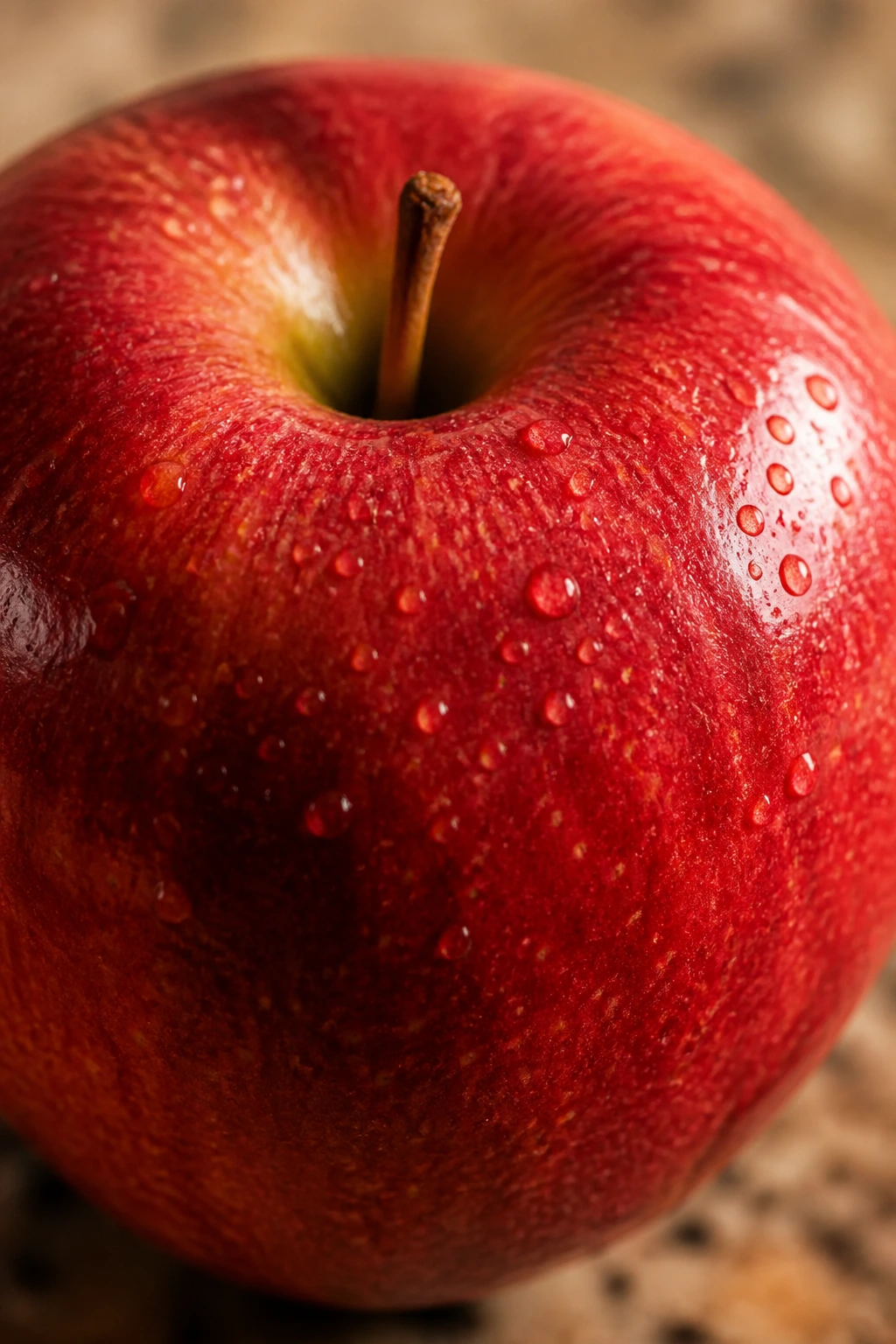 Close-up of a glossy red apple on a warm kitchen counter