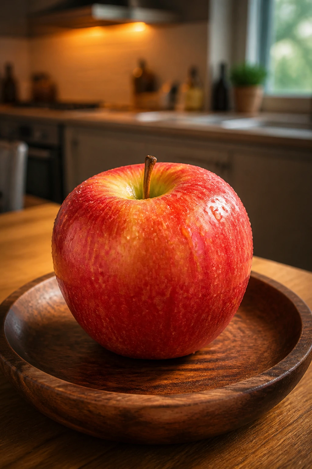 Single apple on a wooden plate in a kitchen.