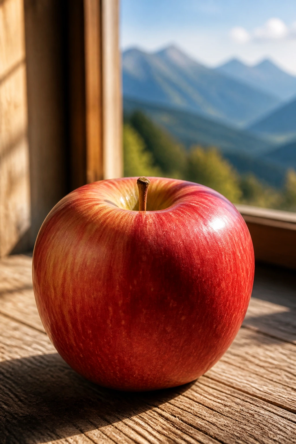Apple on rustic table with distant alpine mountains through window