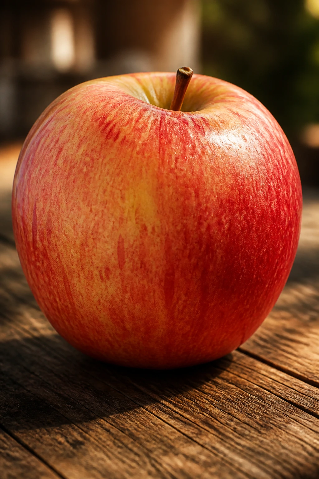 Close-up of a single ripe apple on a wooden table with soft natural light