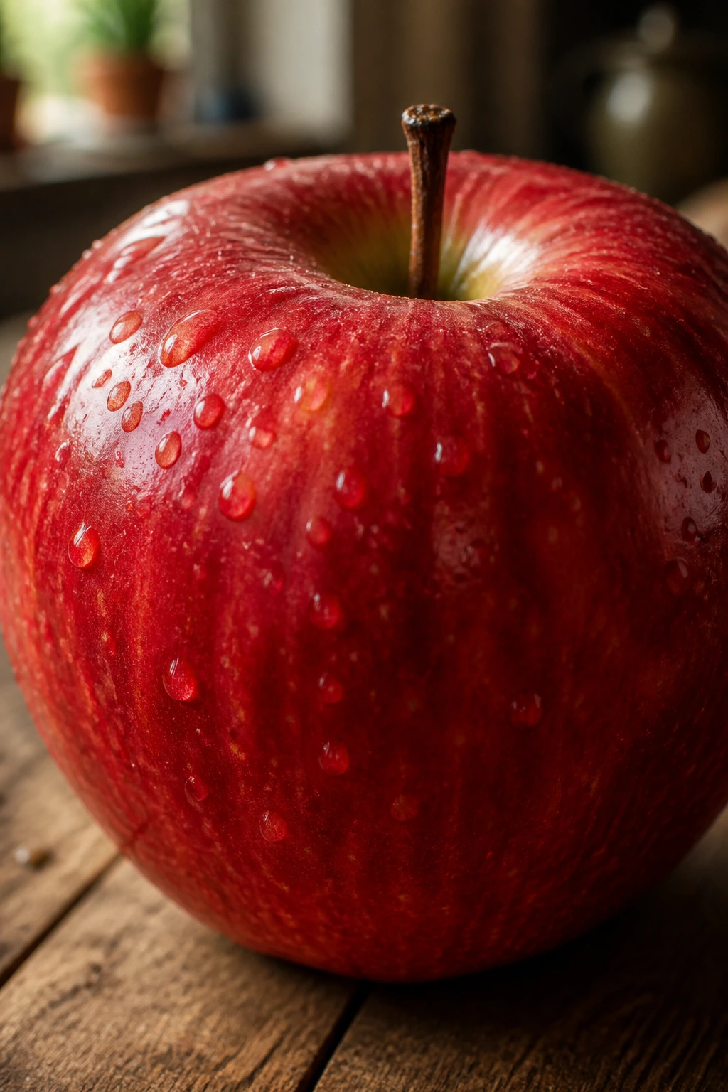 Close-up of a glossy red apple in warm kitchen light on a rustic wooden surface.