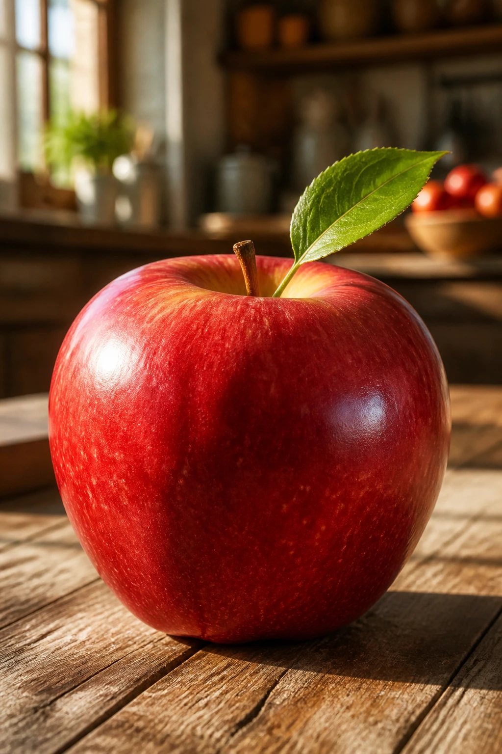 Close-up of a single glossy red apple with leaf on wooden kitchen counter