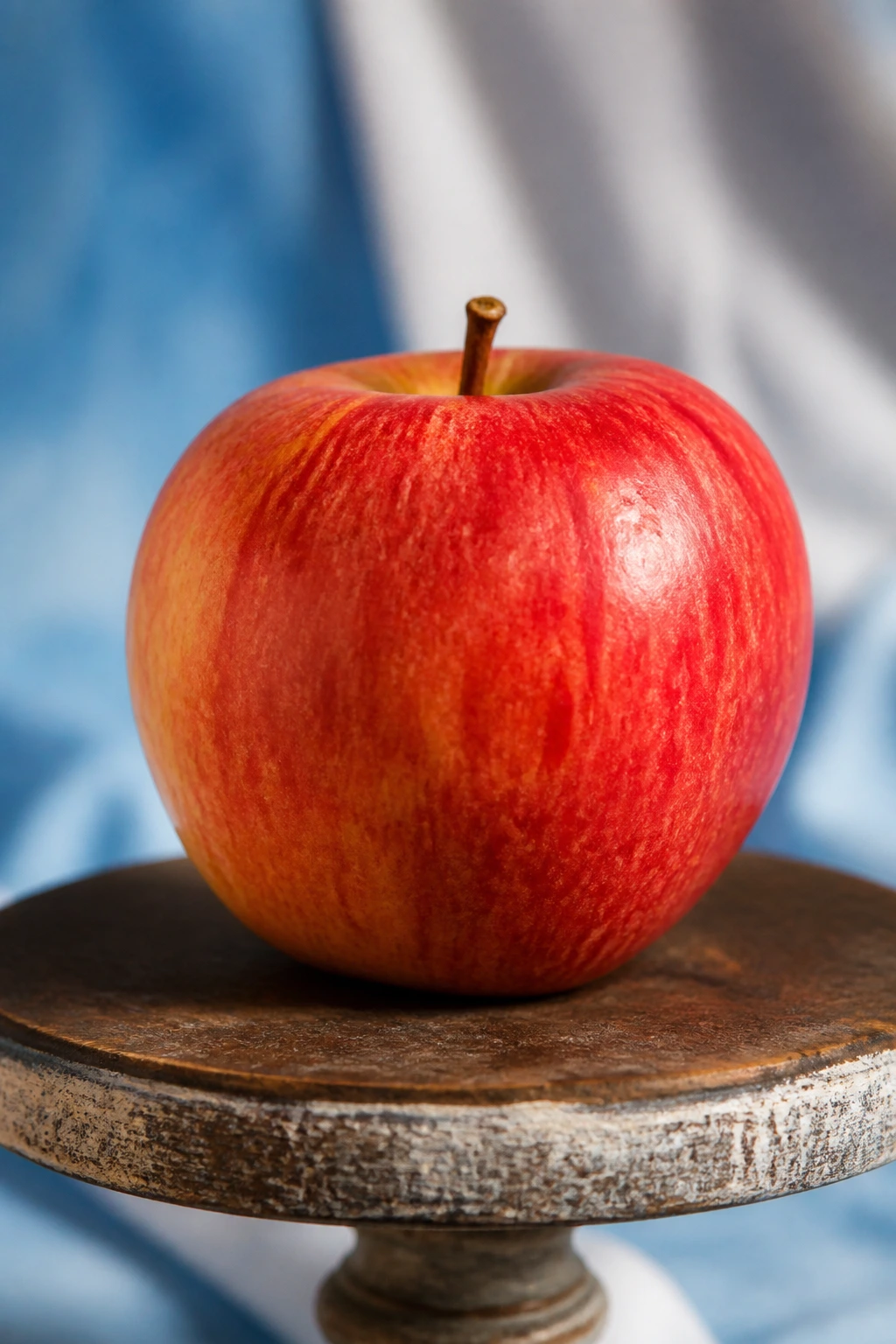 Close-up of a bright apple with blue-white background suggesting national colors