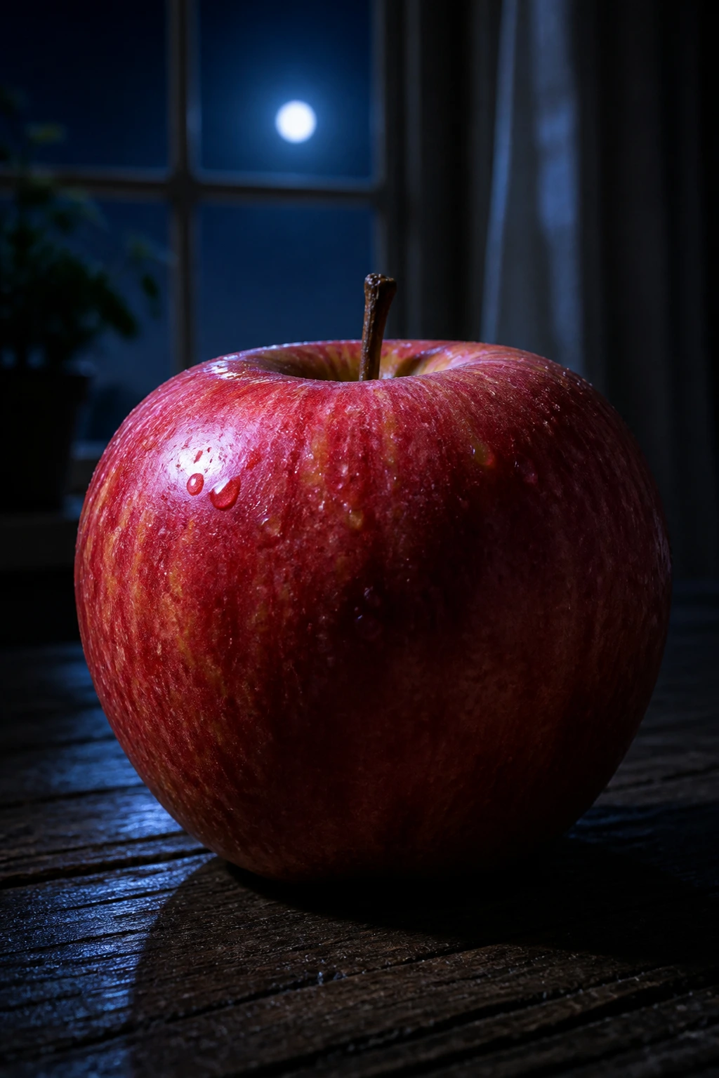 The Top 10 Worst Fruits Not To Eat At Night And Why 1 Close-up of a ripe red apple on dark wood under night lighting, symbolizing nighttime fruit cautions.