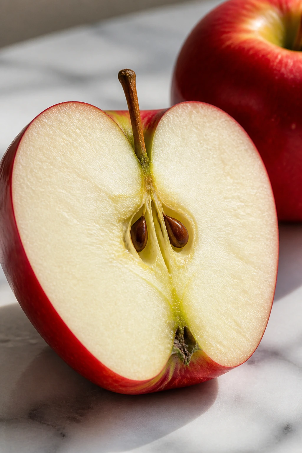 Cross-section of apple showing flesh and seeds.