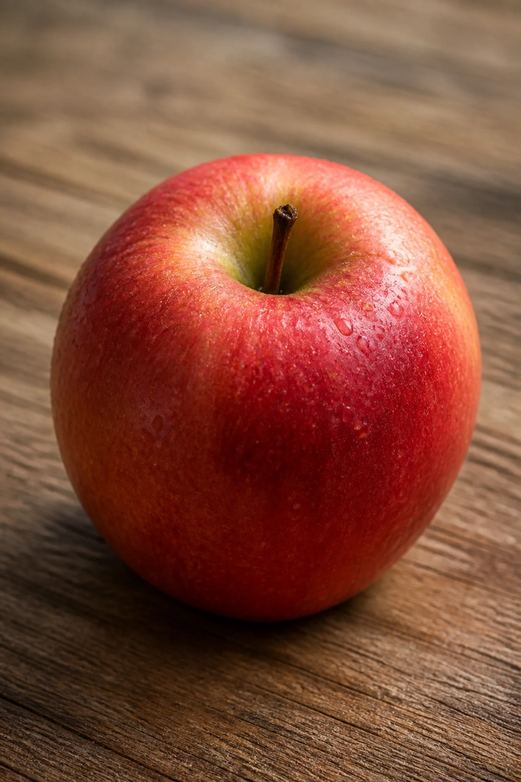 Close-up of a single apple on a wooden surface with soft daylight