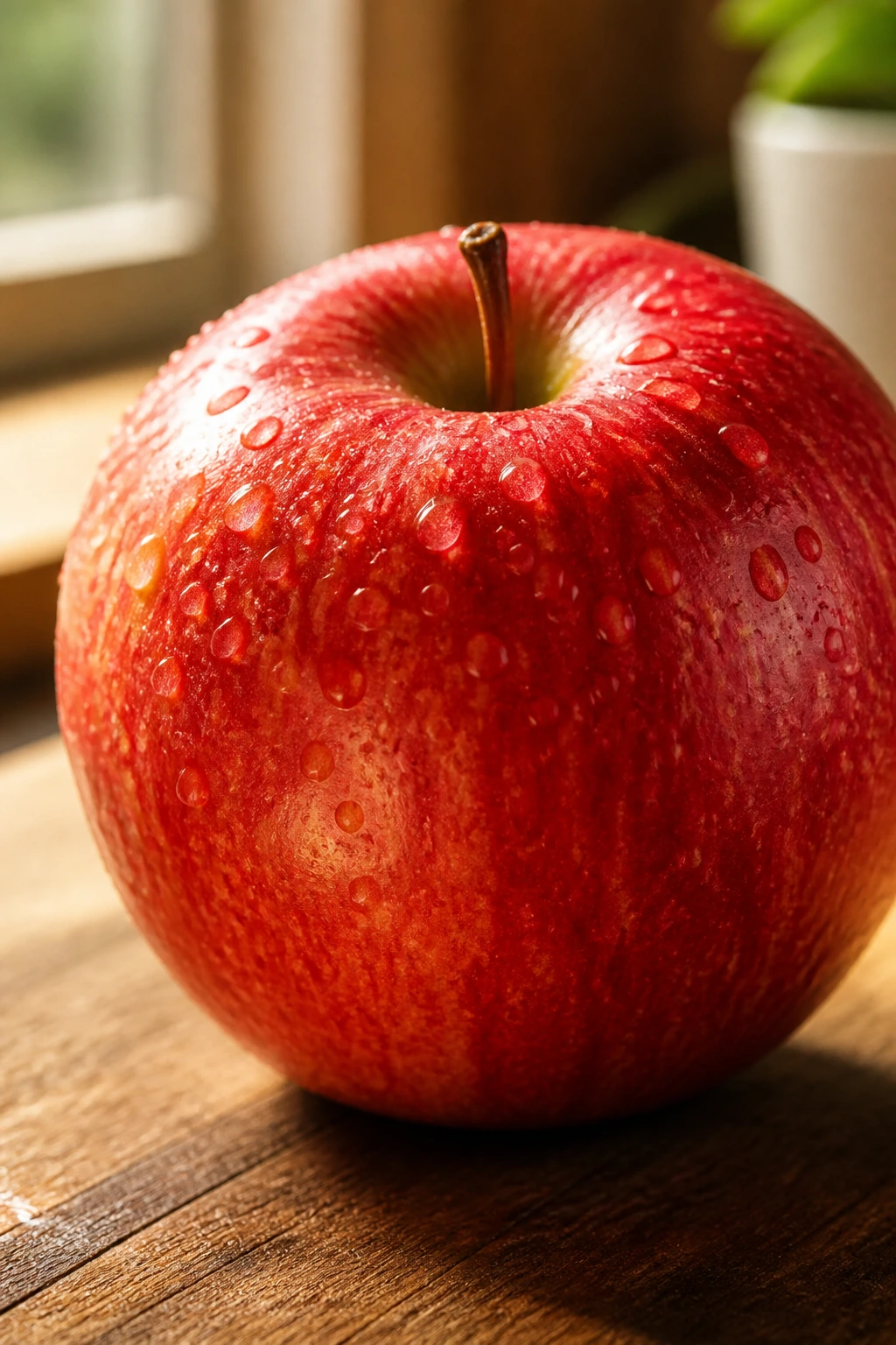 Close-up of a glossy red apple on a wooden kitchen counter.