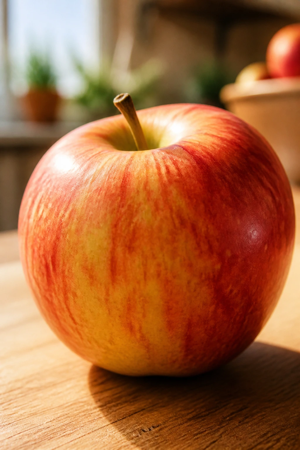 Is Eating Fruits At Night Good For Weight Loss? Find Out Now 2 Close-up of a single ripe apple in a warm kitchen with natural light.