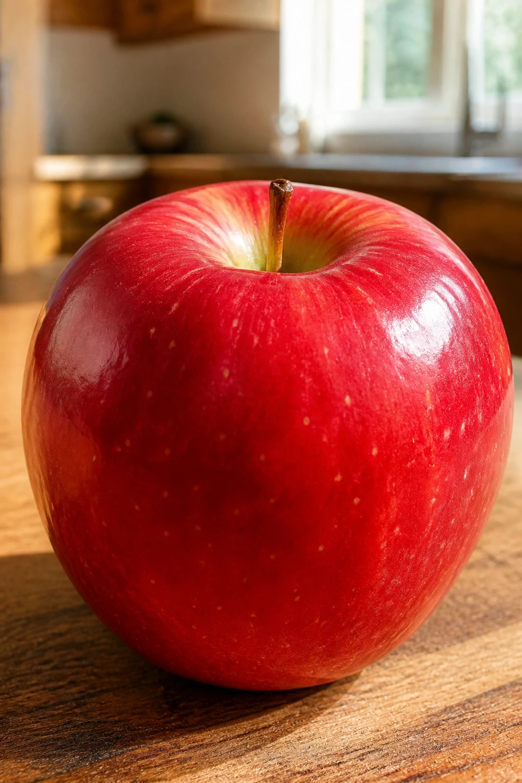 Close-up of a single bright red apple on a wooden kitchen counter in natural light