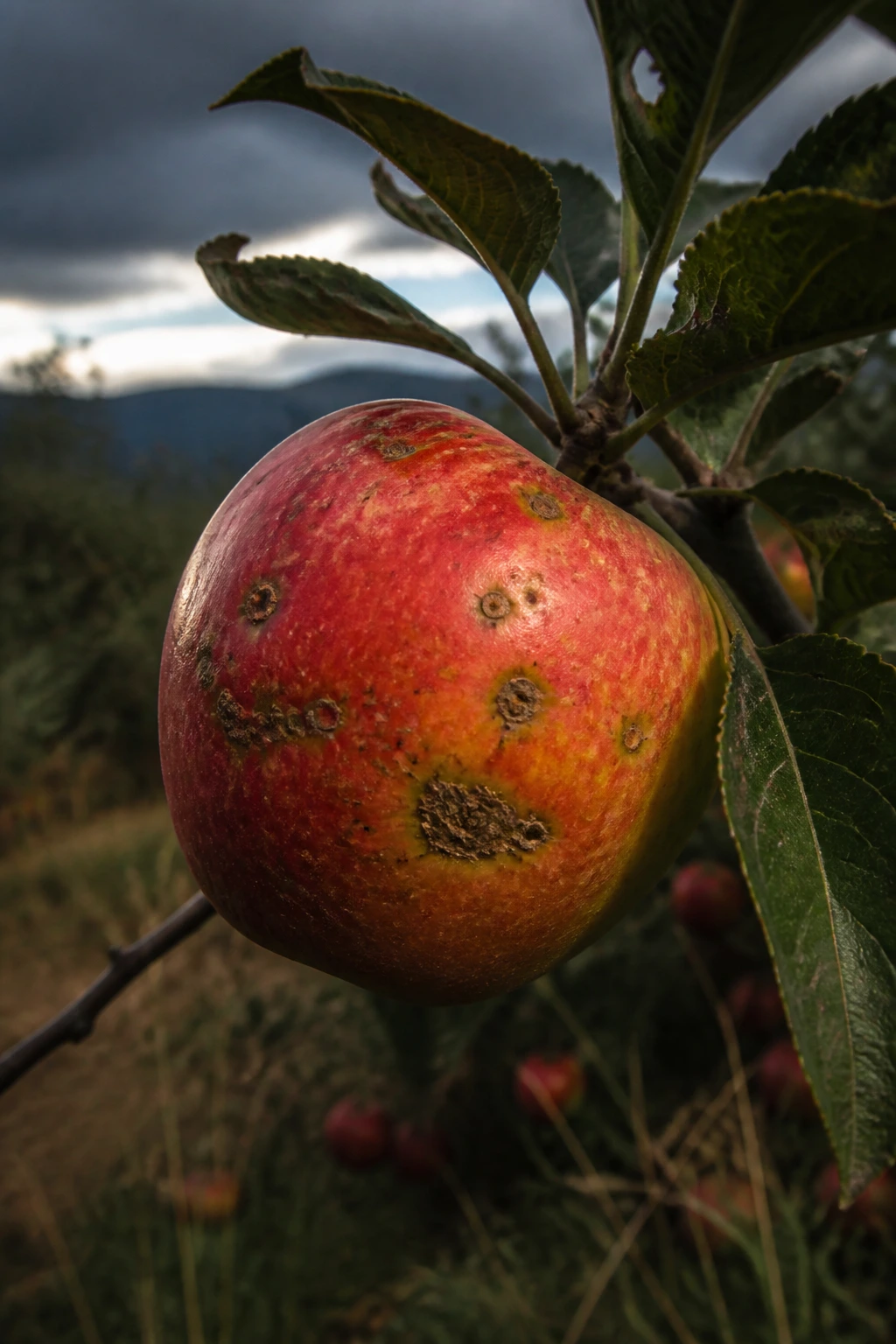Close-up of a blemished apple on a branch with a moody orchard backdrop illustrating industry obstacles