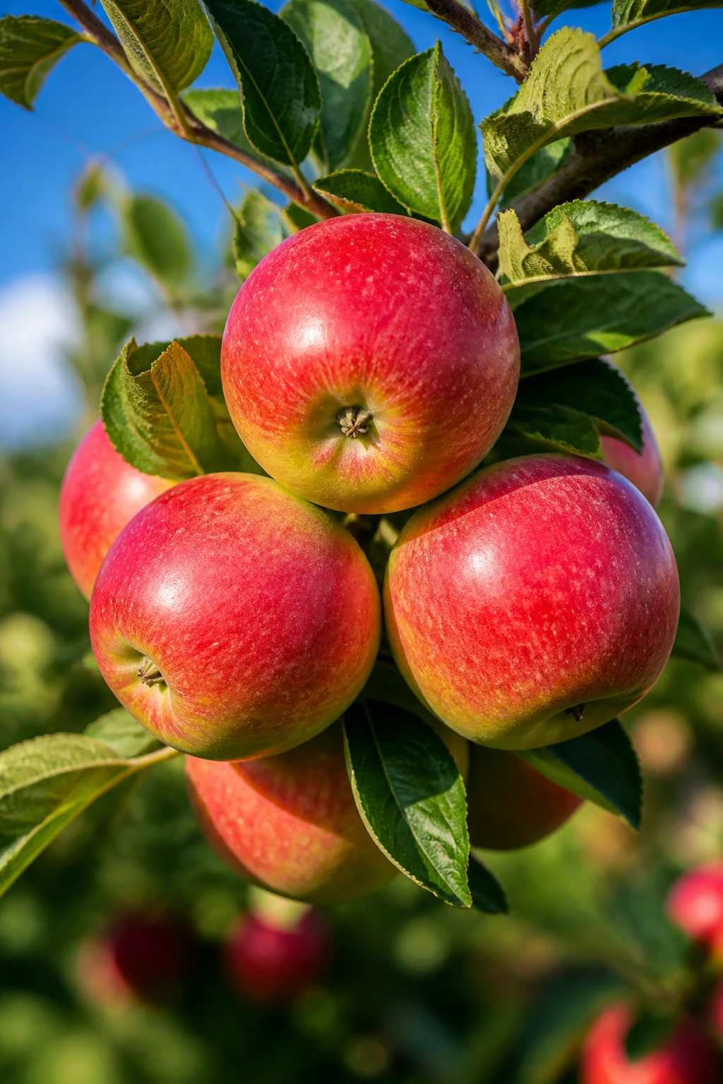 Close-up of ripe apples on an orchard branch.