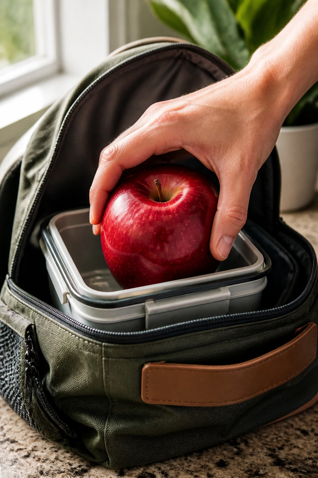 Apple being packed into a rigid container in a backpack, travel prep context.
