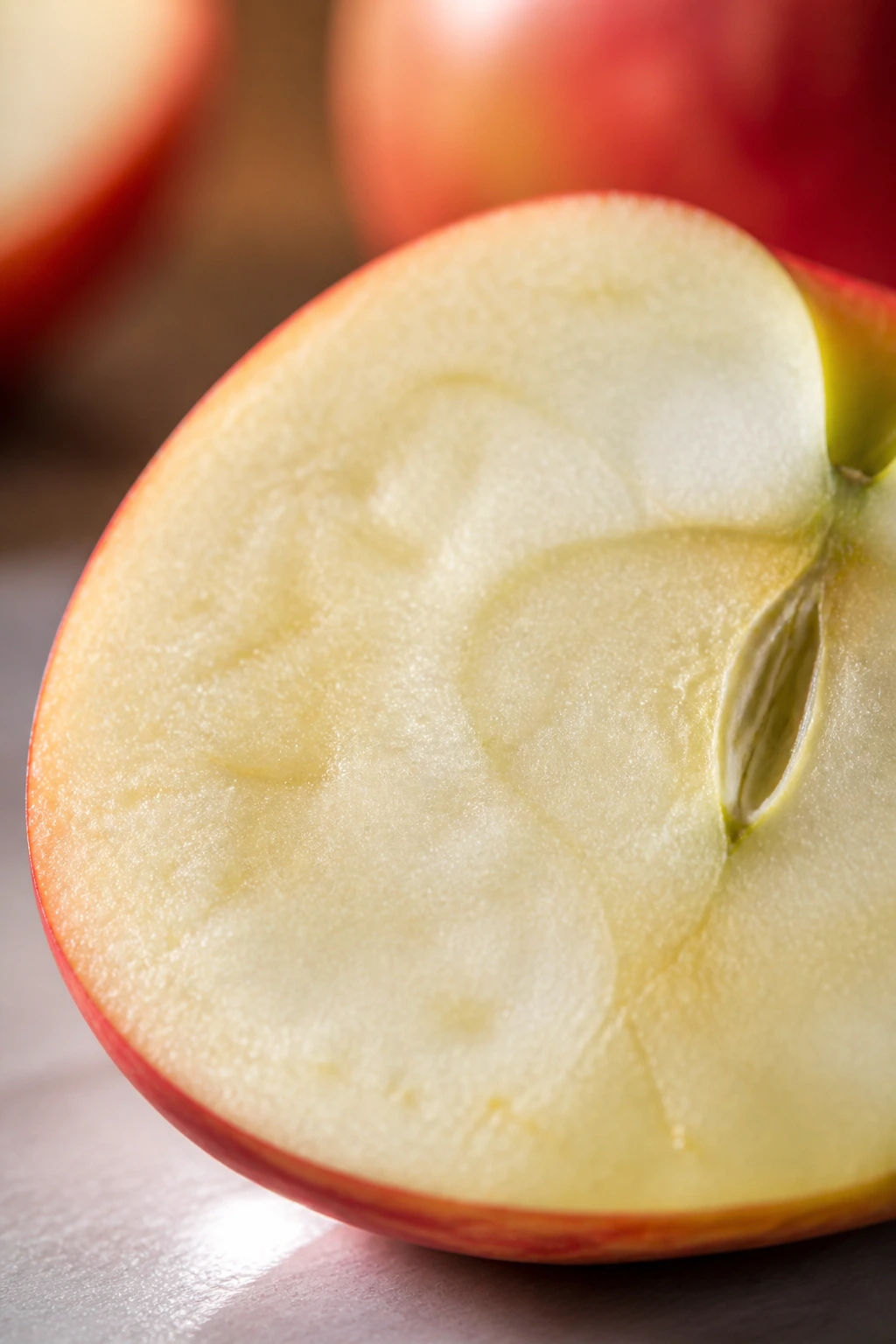 Close-up of peeled apple half showing white flesh and thin peel