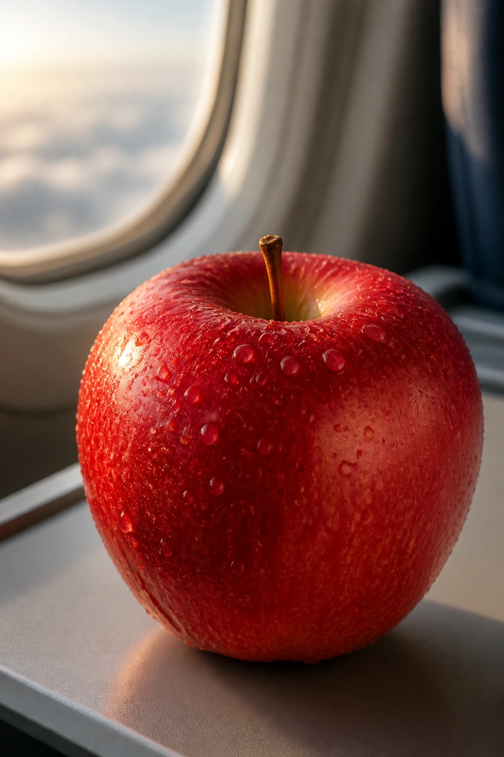 Close-up of a red apple on an airplane tray table with cabin light, travel fruit.