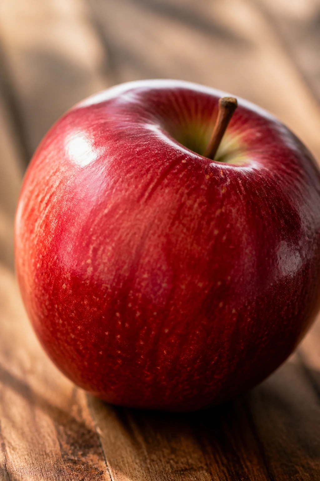 Single red apple filling the frame on a wooden surface