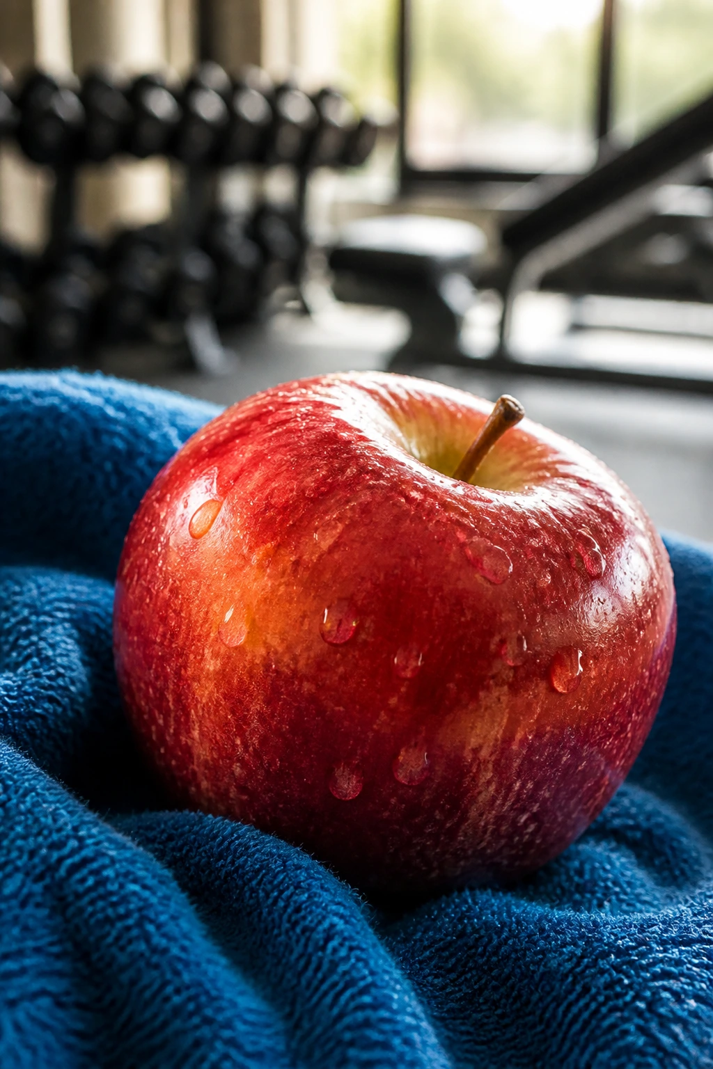 Are Apples Good Before A Workout Or After A Workout? 4 Close-up of a glossy red apple with water droplets in a gym setting