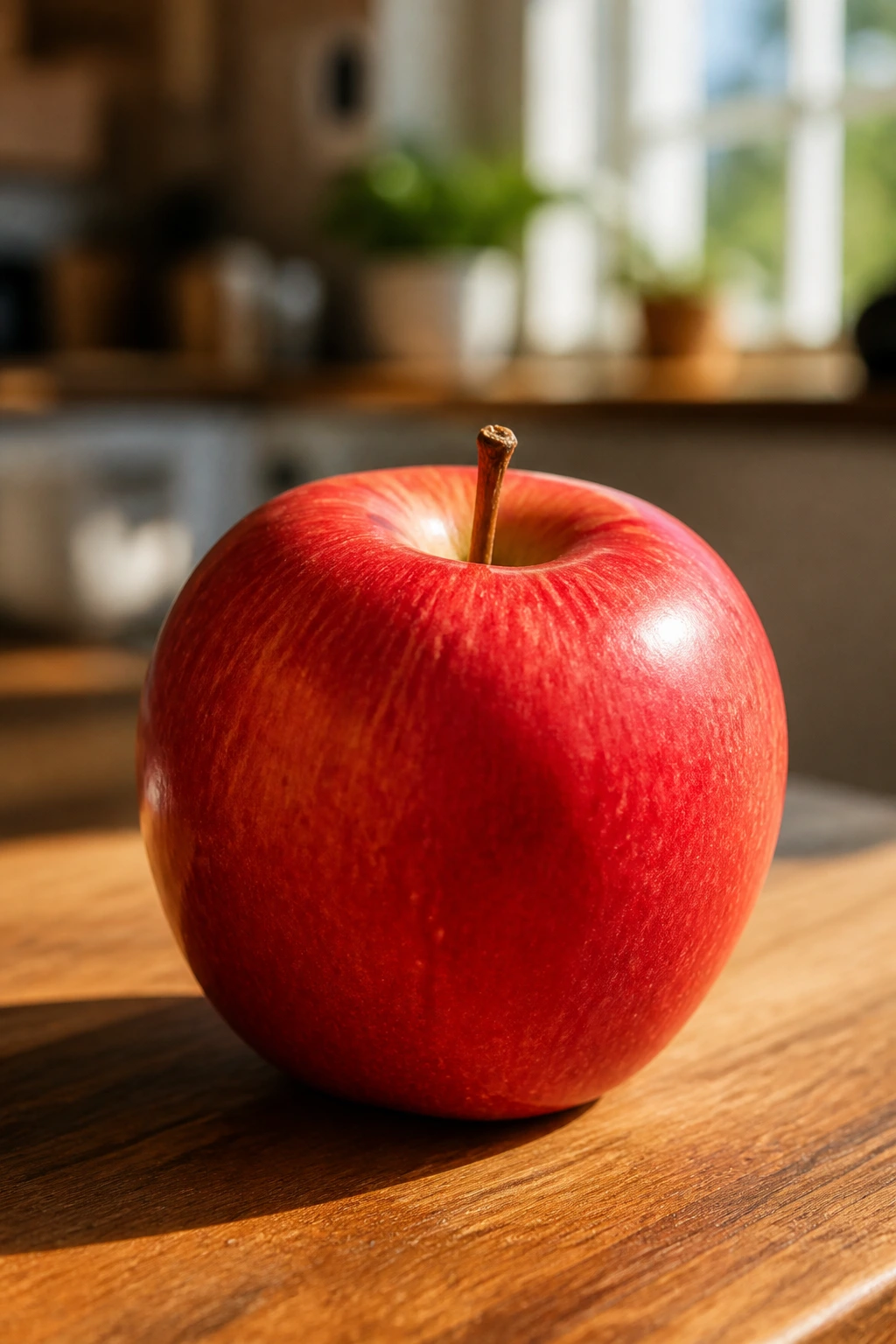 Close-up of a crisp red apple on a wooden kitchen counter, pregnancy health context