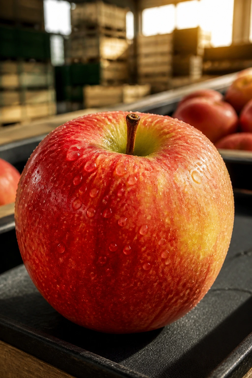 Close-up of a vibrant apple in a packing shed, representing Argentina's production and export trade