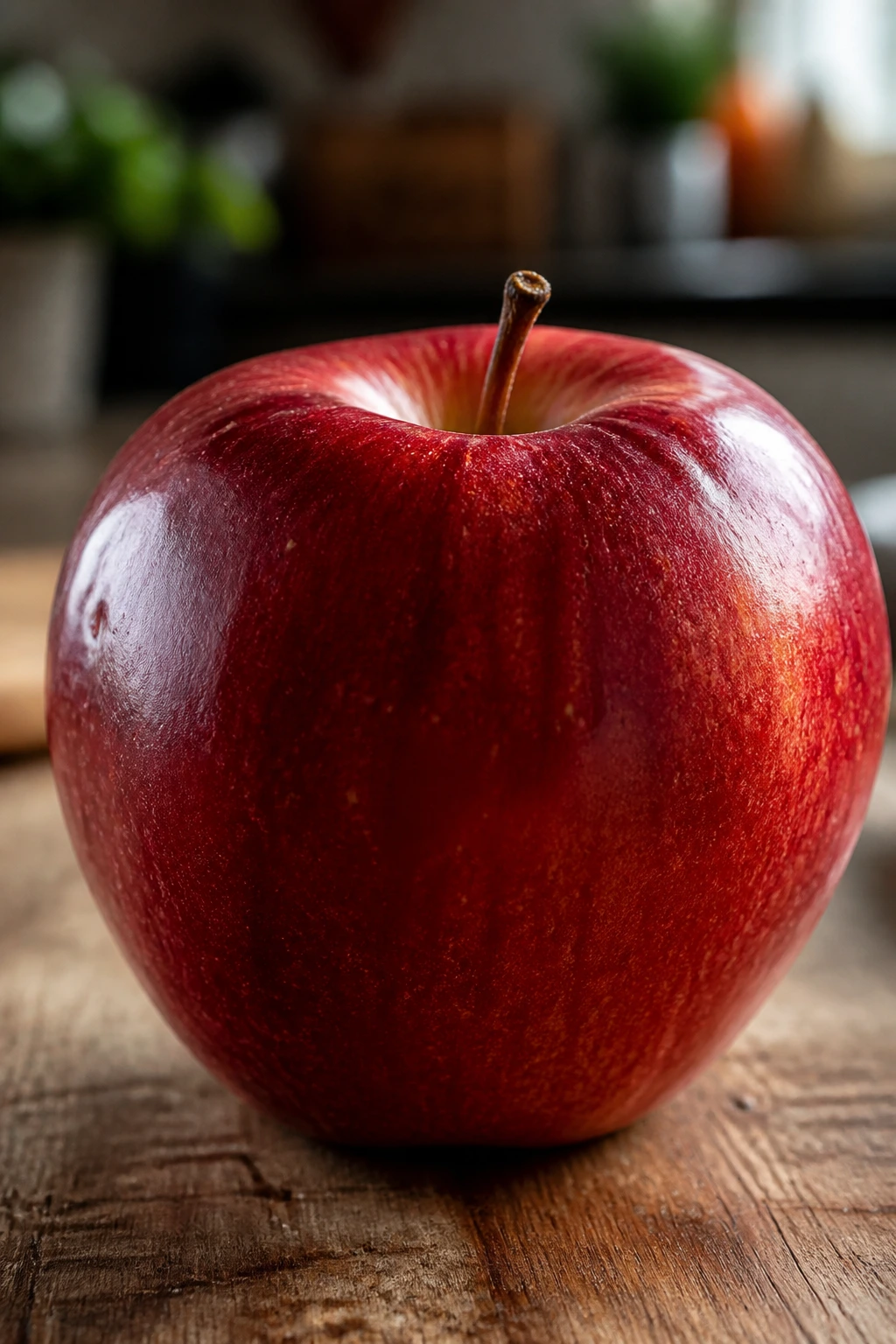 Close-up of a glossy red apple filling the frame on a wooden counter