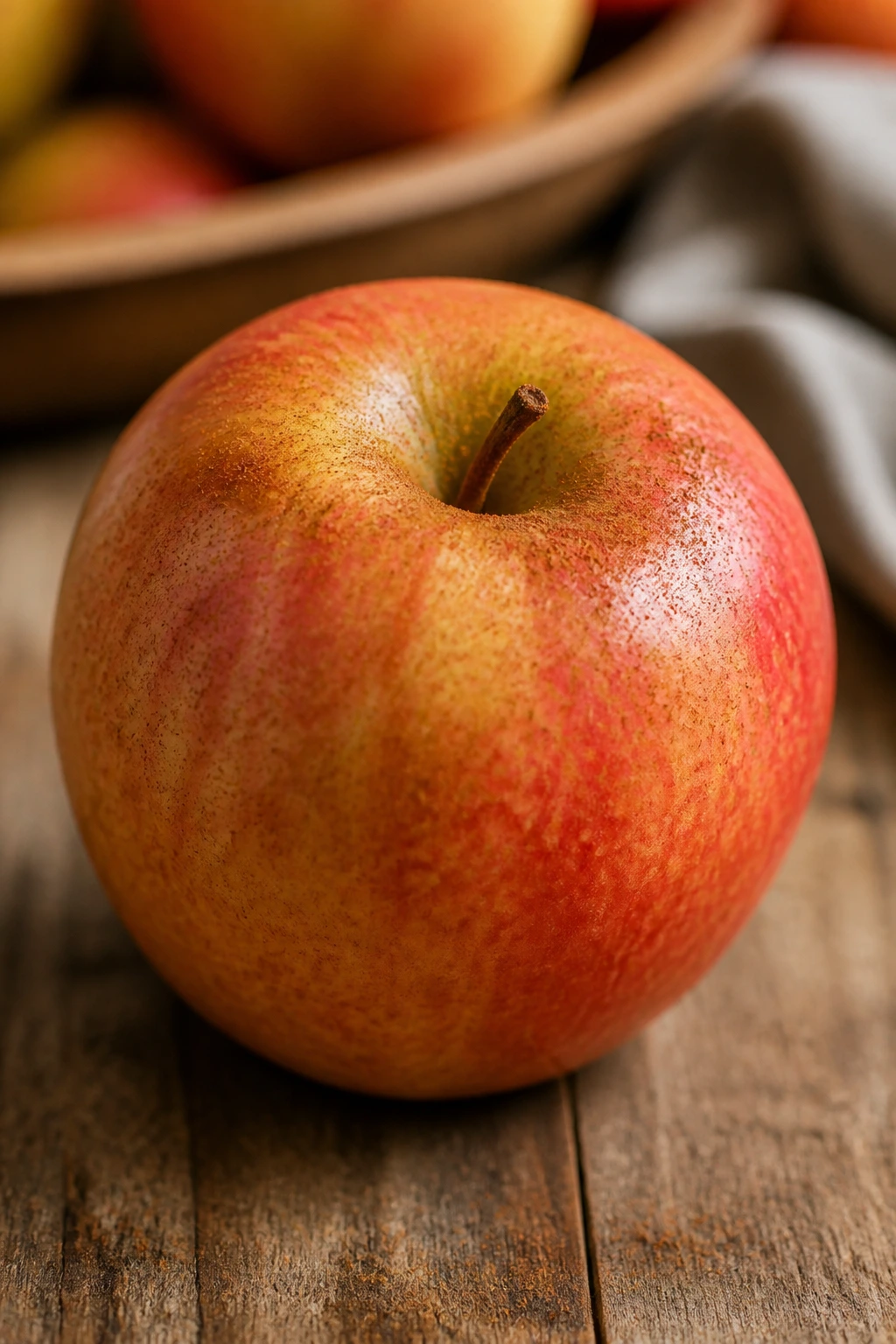 Close-up of an apple with cinnamon dusting on a wooden counter.