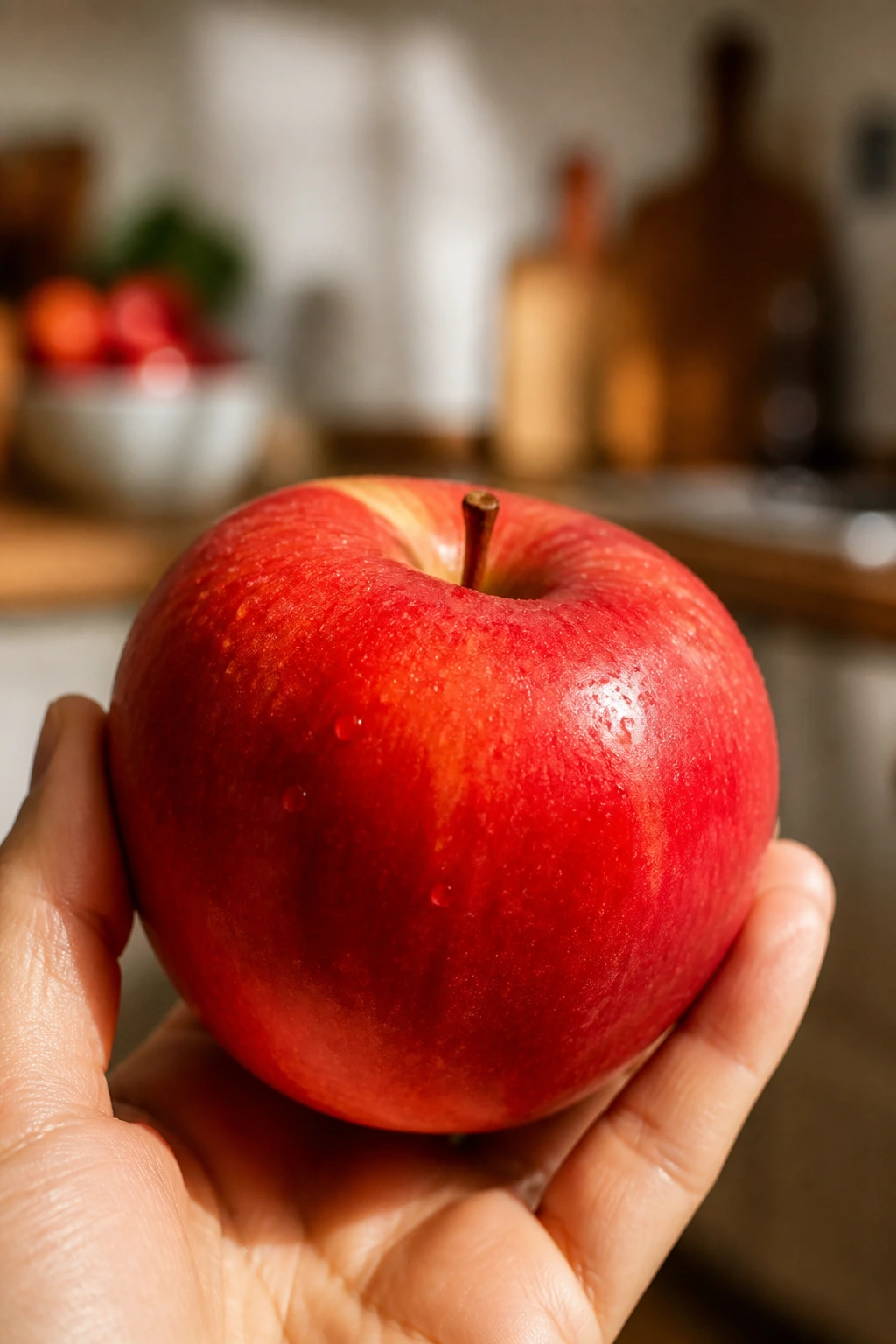 Apple in hand with warm home lighting, apples as main subject for headaches