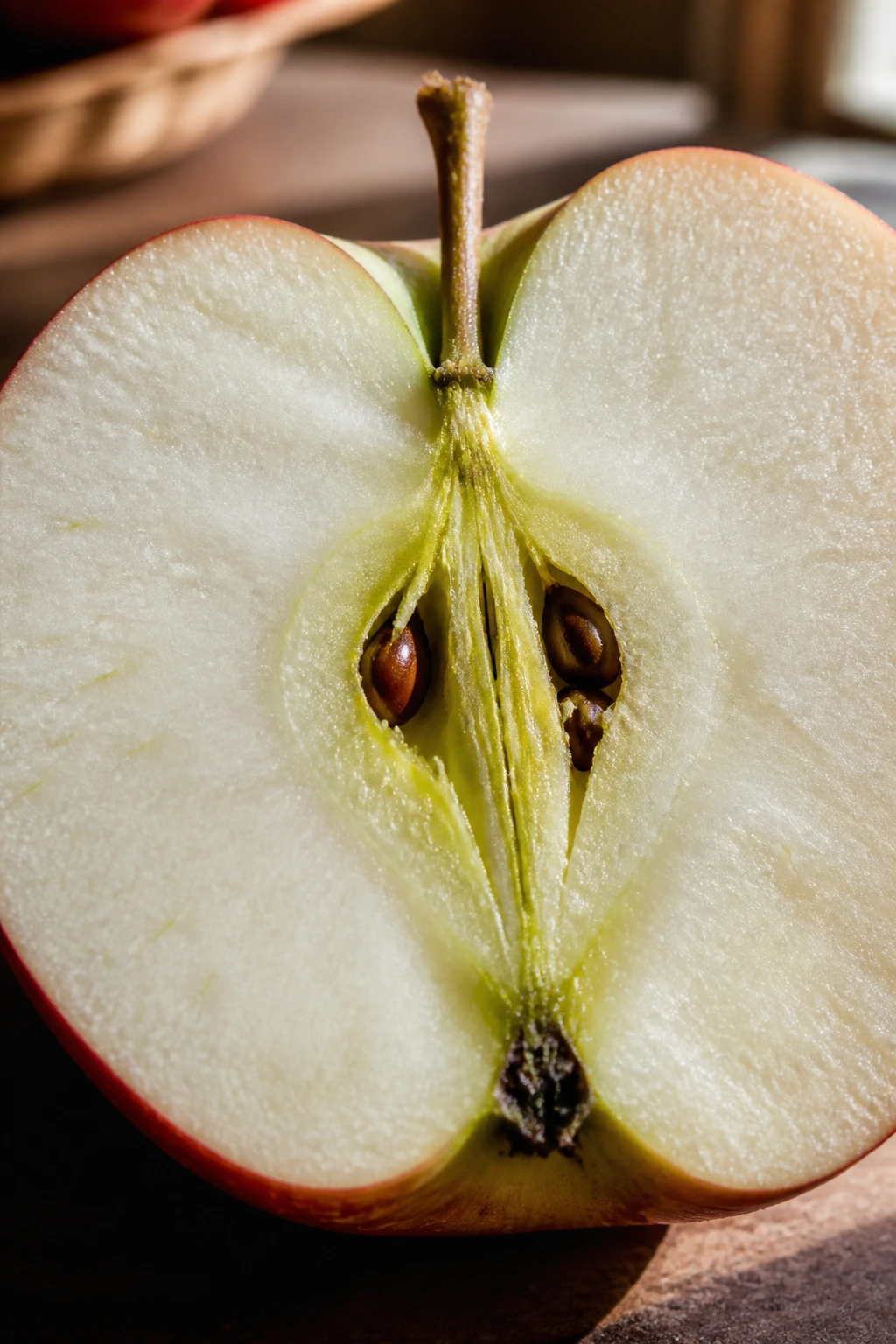 Close-up cross-section of an apple showing seeds in the core to illustrate a fruit contains seeds